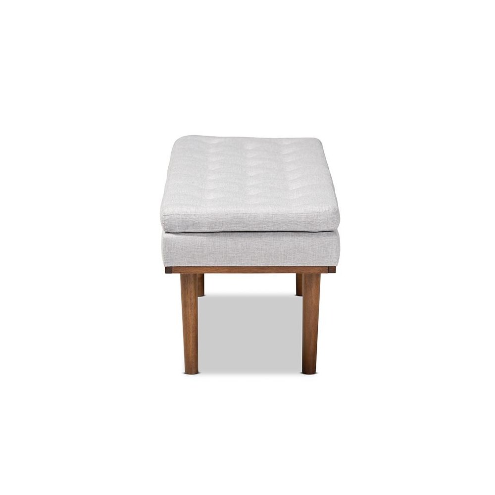 Arne Mid-Century Modern Greyish Beige Fabric Upholstered Walnut Finished Bench. Picture 3