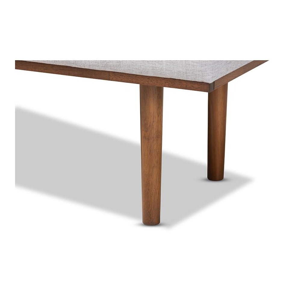 Arne Mid-Century Modern Greyish Beige Fabric Upholstered Walnut Finished Bench. Picture 5
