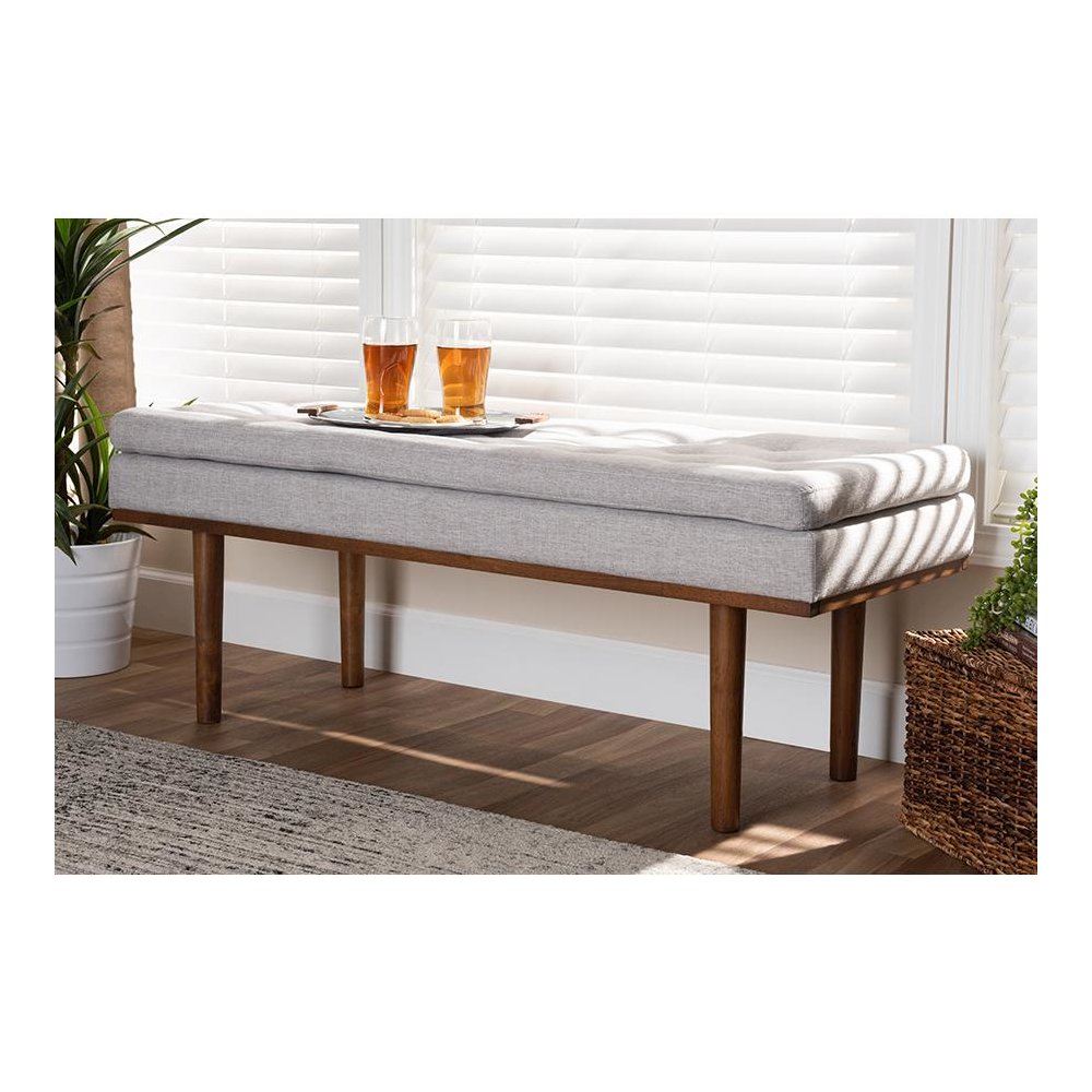 Arne Mid-Century Modern Greyish Beige Fabric Upholstered Walnut Finished Bench. Picture 6