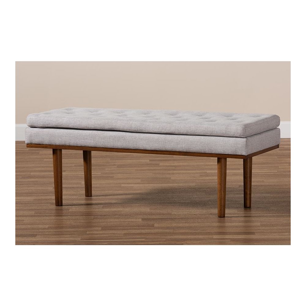 Arne Mid-Century Modern Greyish Beige Fabric Upholstered Walnut Finished Bench. Picture 7