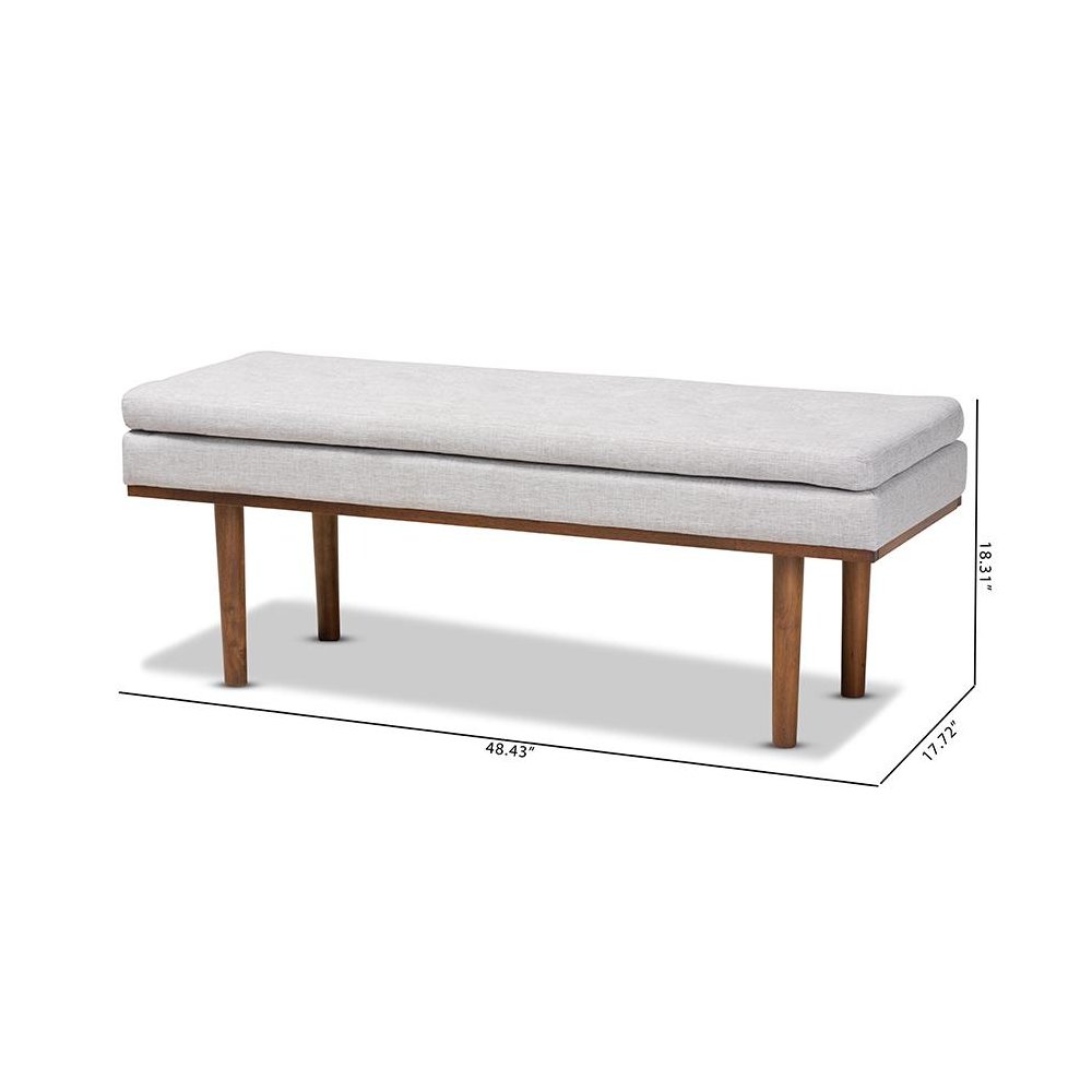 Arne Mid-Century Modern Greyish Beige Fabric Upholstered Walnut Finished Bench. Picture 8