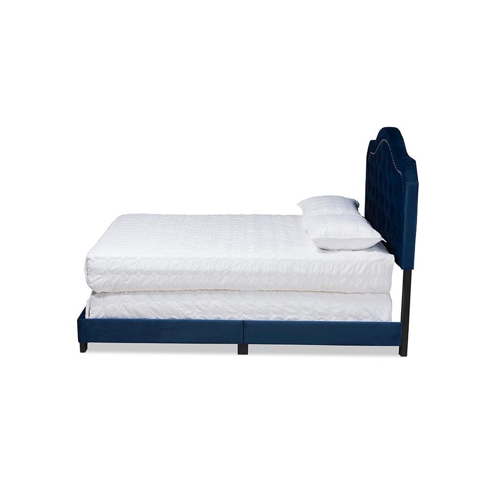 Navy Blue Velvet Fabric Upholstered Queen Size Button Tufted Bed. Picture 2