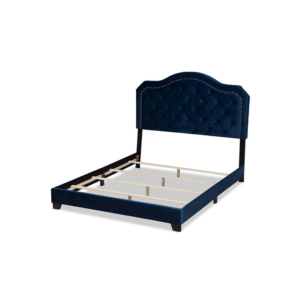 Navy Blue Velvet Fabric Upholstered Queen Size Button Tufted Bed. Picture 3