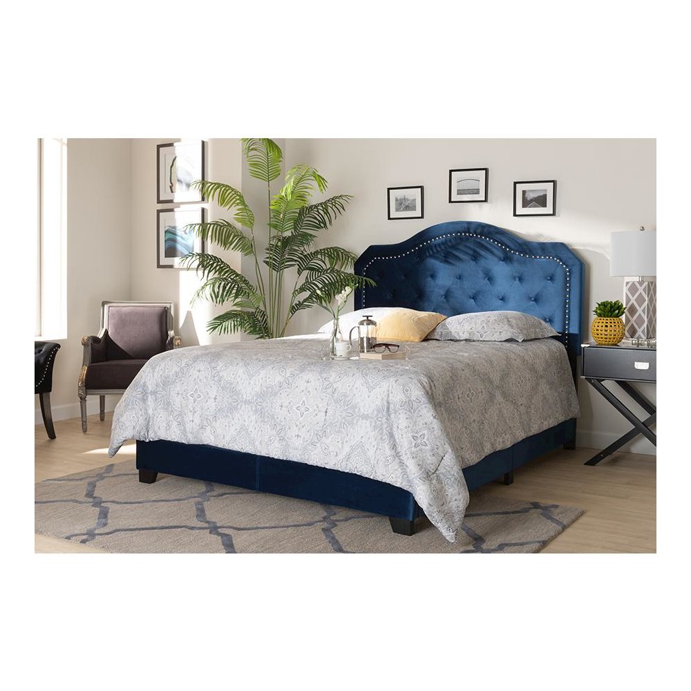 Navy Blue Velvet Fabric Upholstered Queen Size Button Tufted Bed. Picture 6