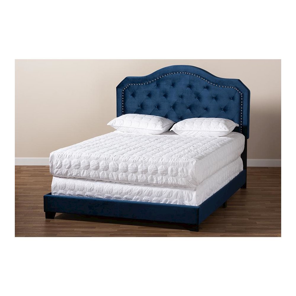 Navy Blue Velvet Fabric Upholstered Queen Size Button Tufted Bed. Picture 7