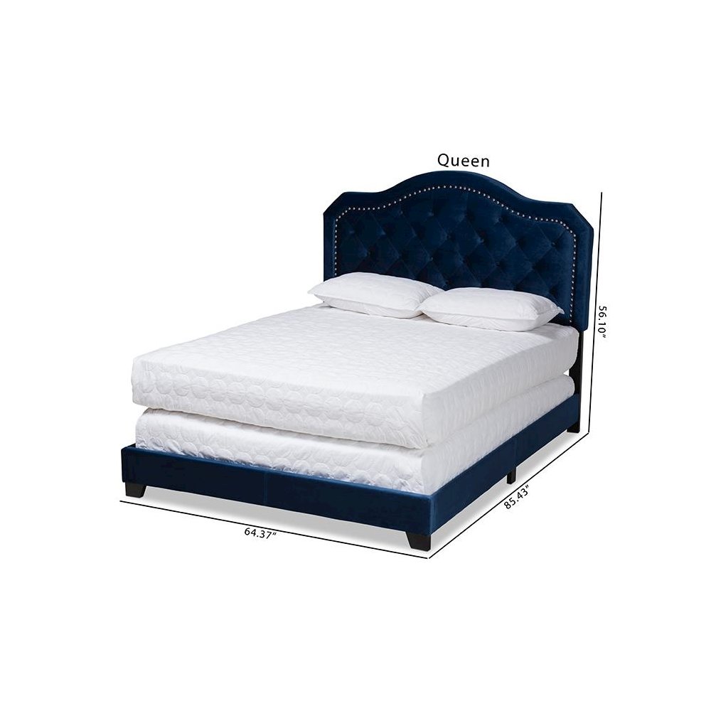 Navy Blue Velvet Fabric Upholstered Queen Size Button Tufted Bed. Picture 9
