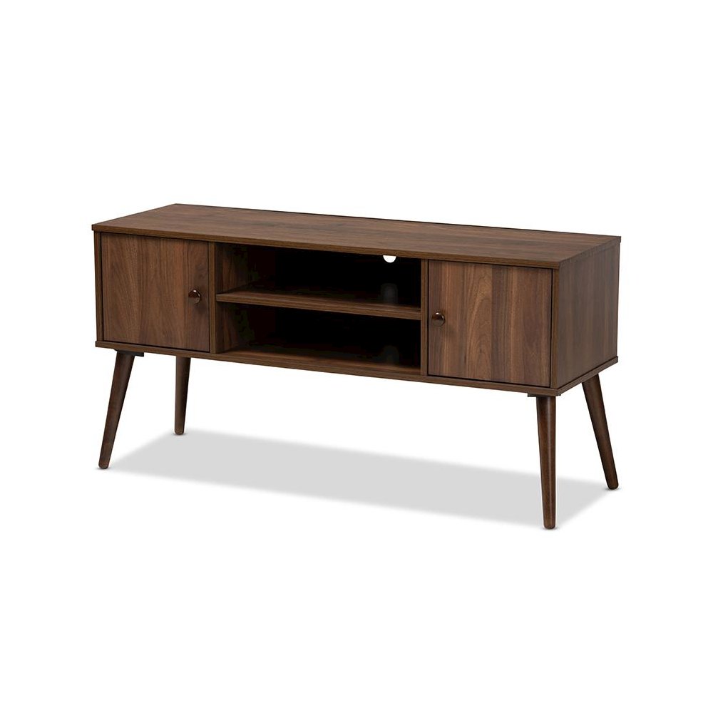 Alard Mid-Century Modern Walnut Brown Finished 2-Door Wood TV Stand. Picture 1
