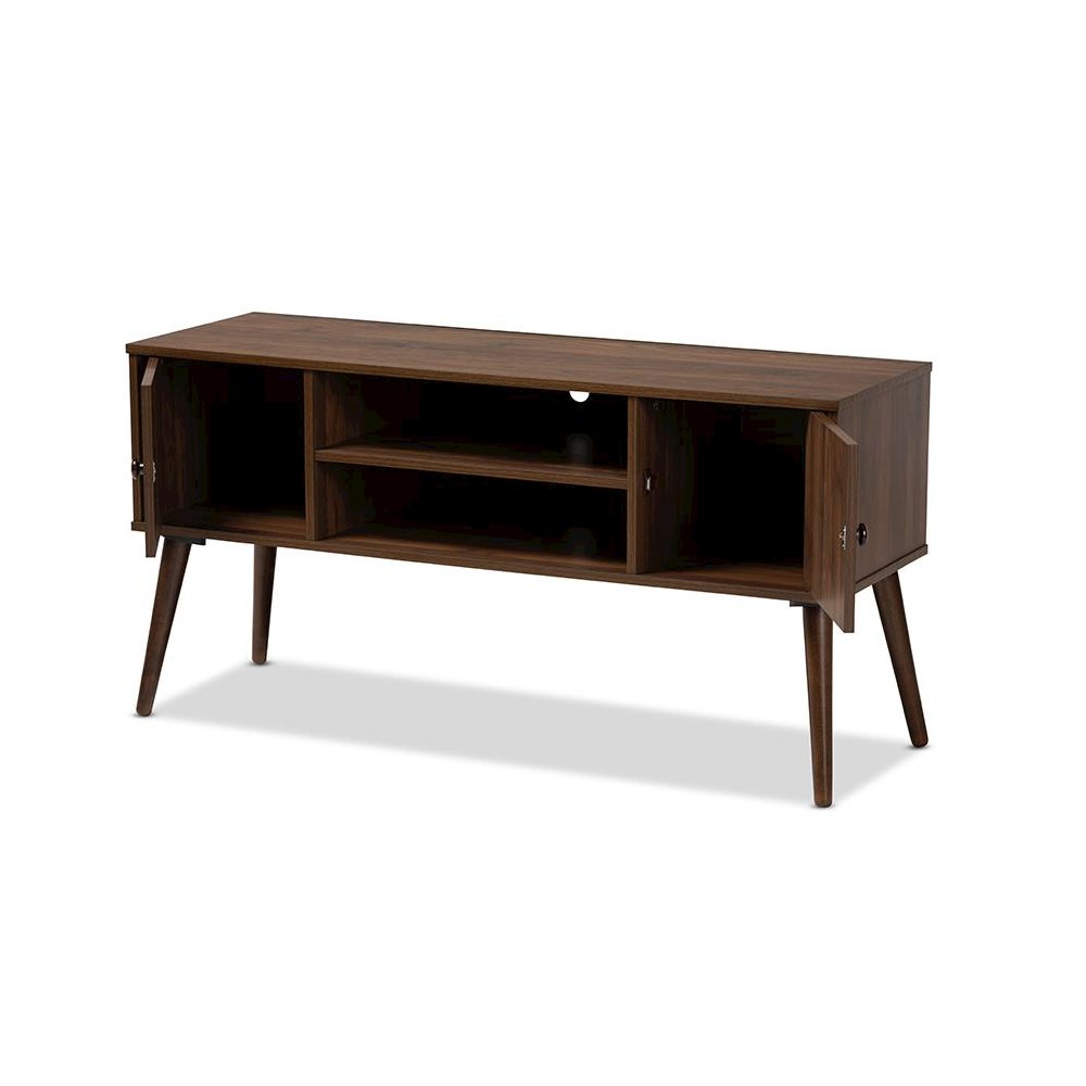Alard Mid-Century Modern Walnut Brown Finished 2-Door Wood TV Stand. Picture 2