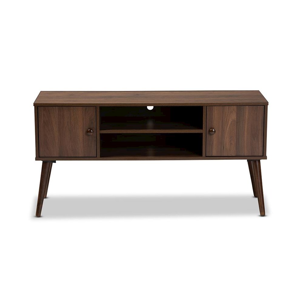 Alard Mid-Century Modern Walnut Brown Finished 2-Door Wood TV Stand. Picture 3