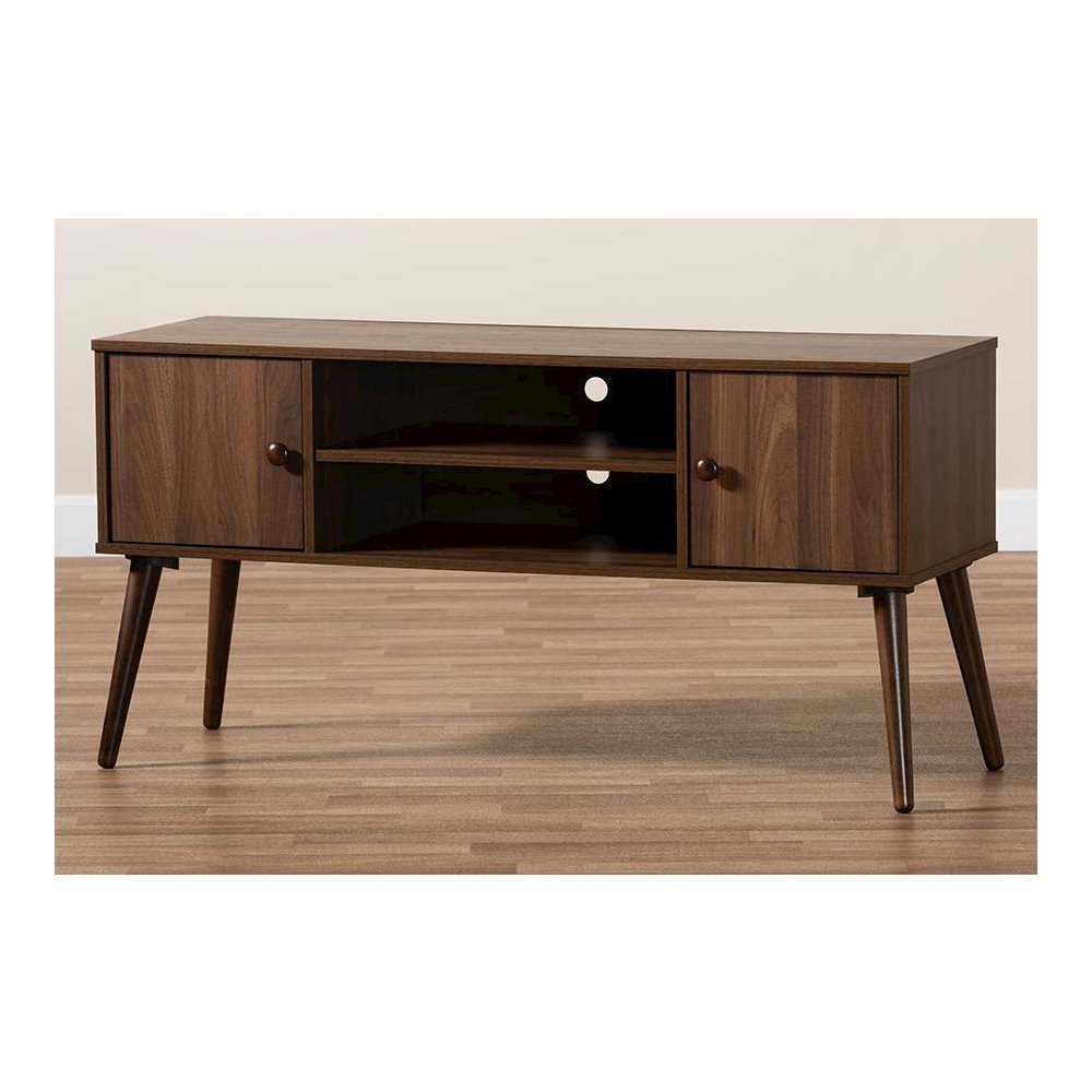 Alard Mid-Century Modern Walnut Brown Finished 2-Door Wood TV Stand. Picture 8