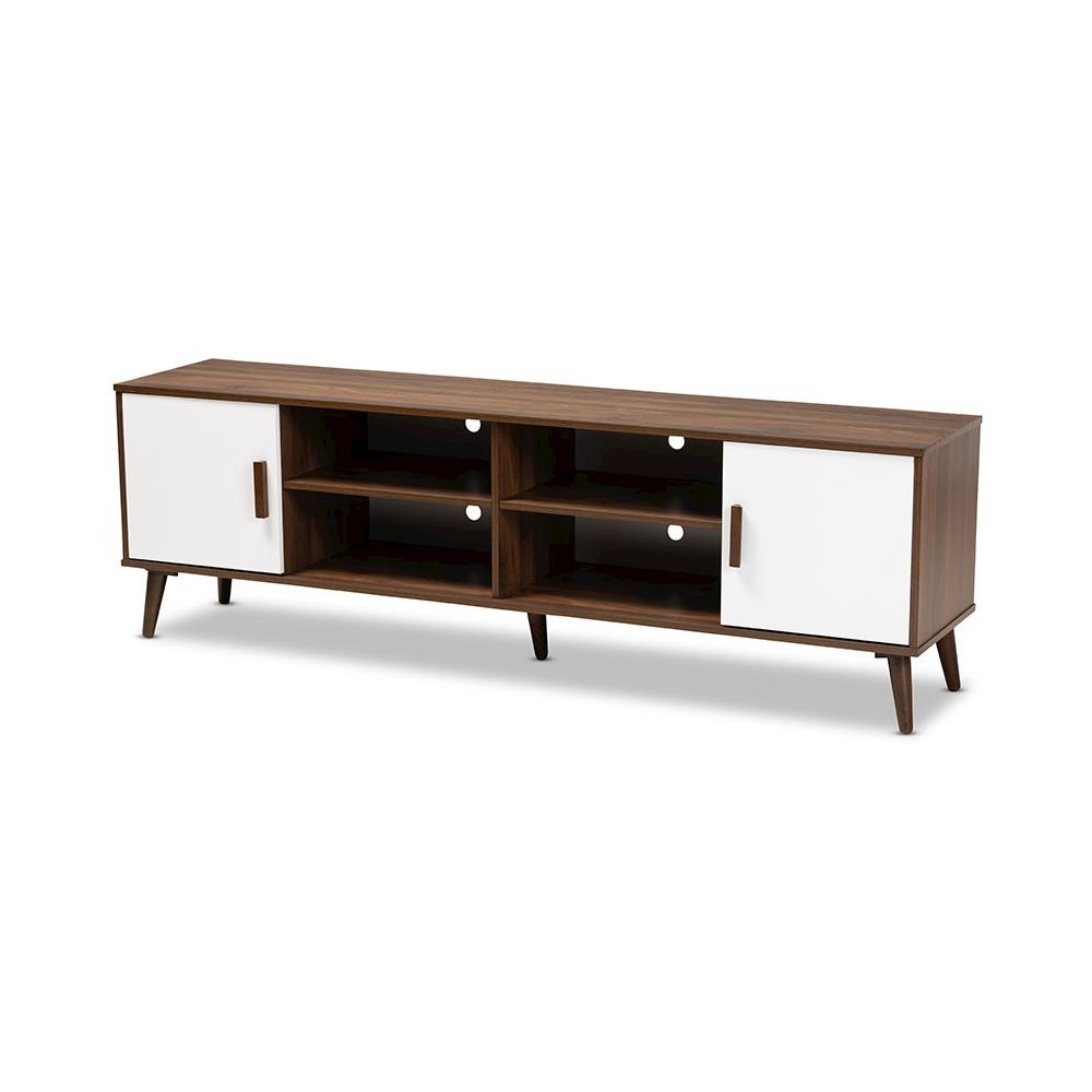 Quinn Mid-Century Modern Two-Tone White and Walnut Finished 2-Door Wood TV Stand. Picture 1