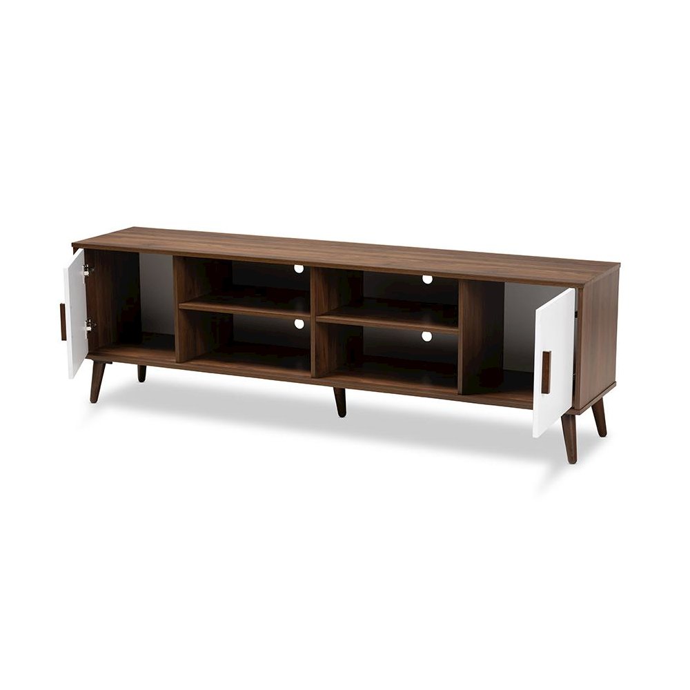 Quinn Mid-Century Modern Two-Tone White and Walnut Finished 2-Door Wood TV Stand. Picture 2