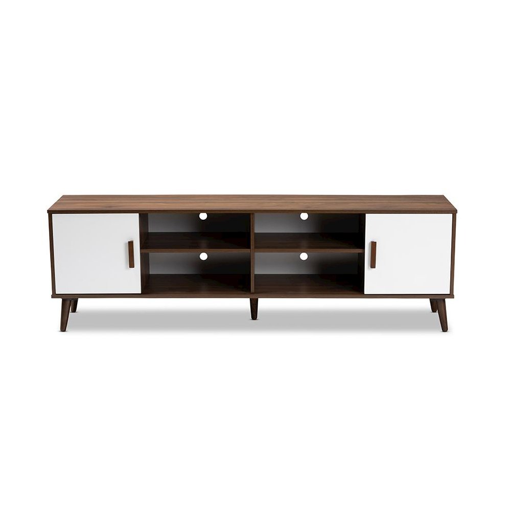 Quinn Mid-Century Modern Two-Tone White and Walnut Finished 2-Door Wood TV Stand. Picture 3