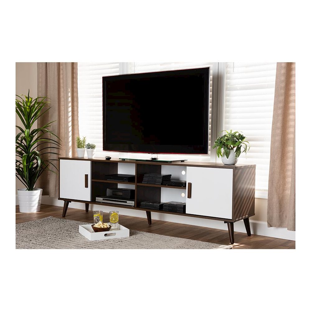 Quinn Mid-Century Modern Two-Tone White and Walnut Finished 2-Door Wood TV Stand. Picture 7