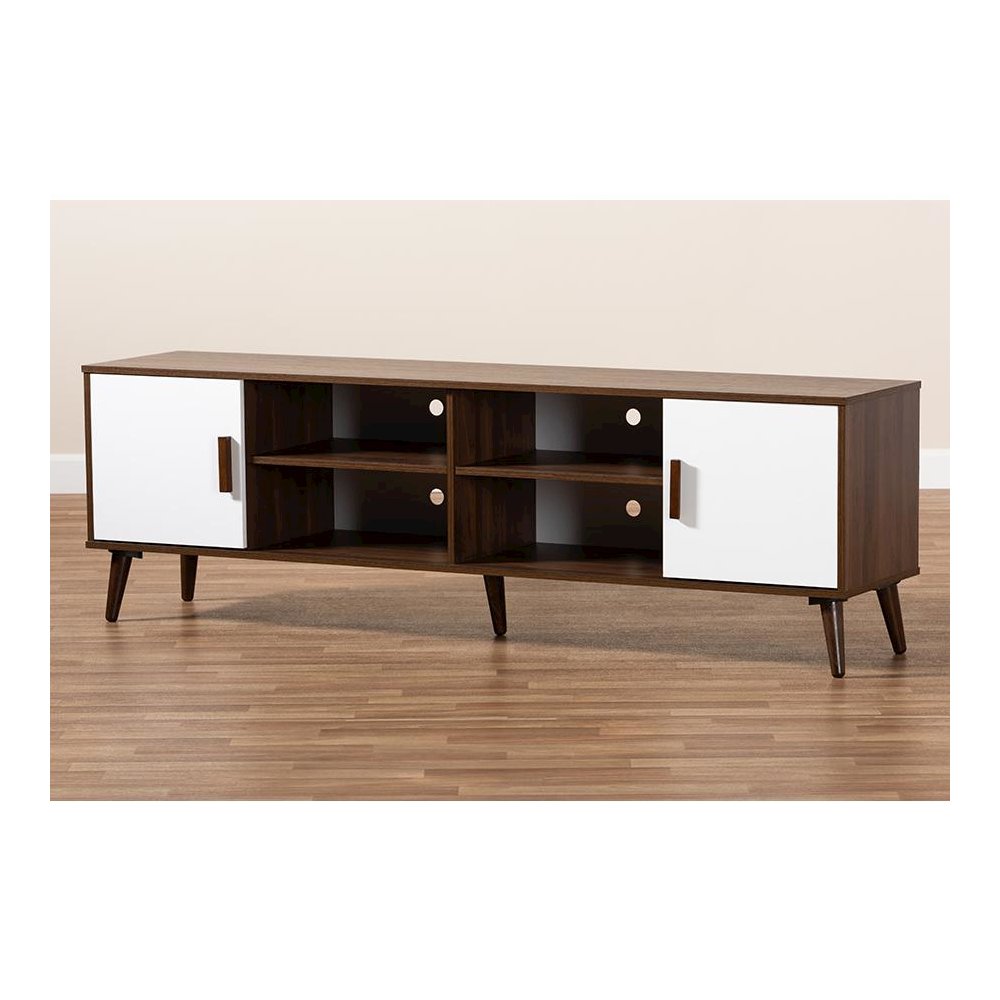 Quinn Mid-Century Modern Two-Tone White and Walnut Finished 2-Door Wood TV Stand. Picture 8