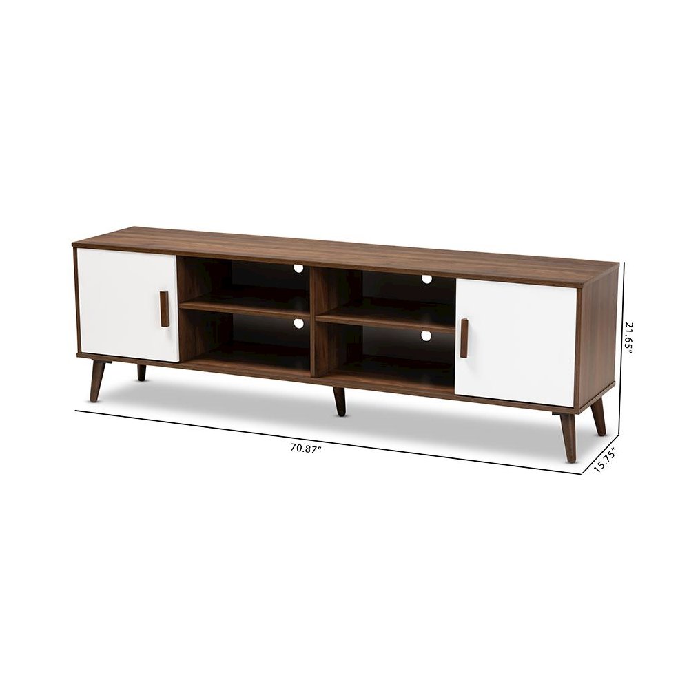 Quinn Mid-Century Modern Two-Tone White and Walnut Finished 2-Door Wood TV Stand. Picture 9