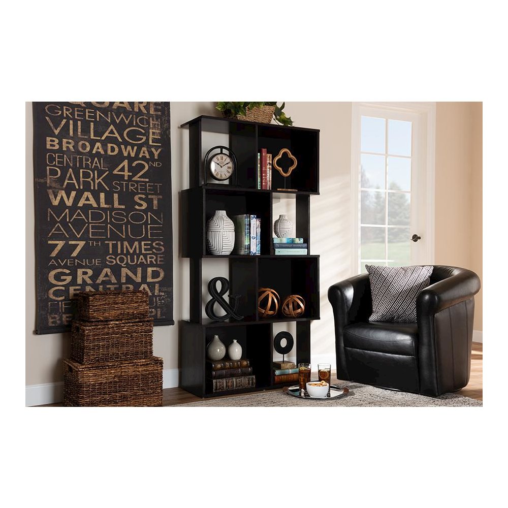 Riva Modern and Contemporary Dark Brown Finished Geometric Wood Bookshelf. Picture 4