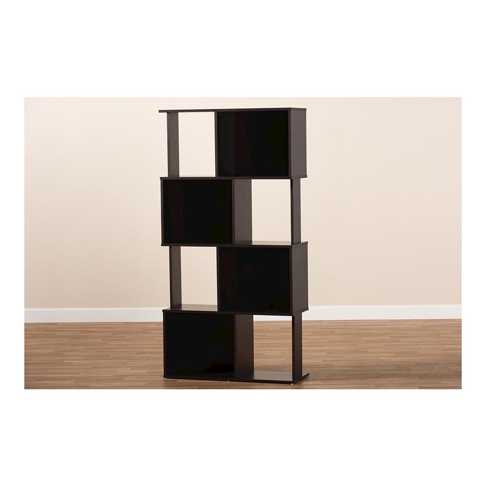 Riva Modern and Contemporary Dark Brown Finished Geometric Wood Bookshelf. Picture 5