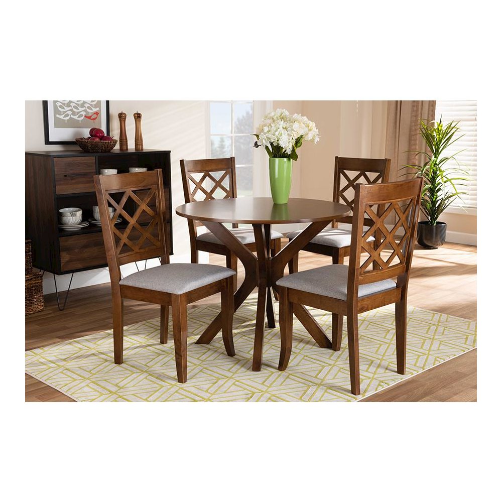 Grey Fabric Upholstered and Walnut Brown Finished Wood 5-Piece Dining Set. Picture 7