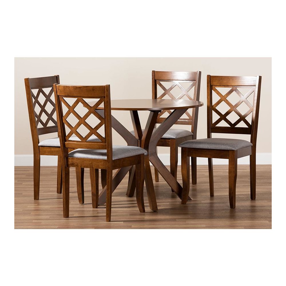 Grey Fabric Upholstered and Walnut Brown Finished Wood 5-Piece Dining Set. Picture 8