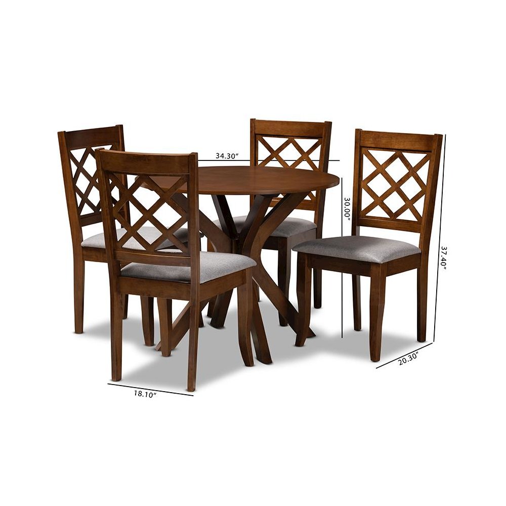 Grey Fabric Upholstered and Walnut Brown Finished Wood 5-Piece Dining Set. Picture 9