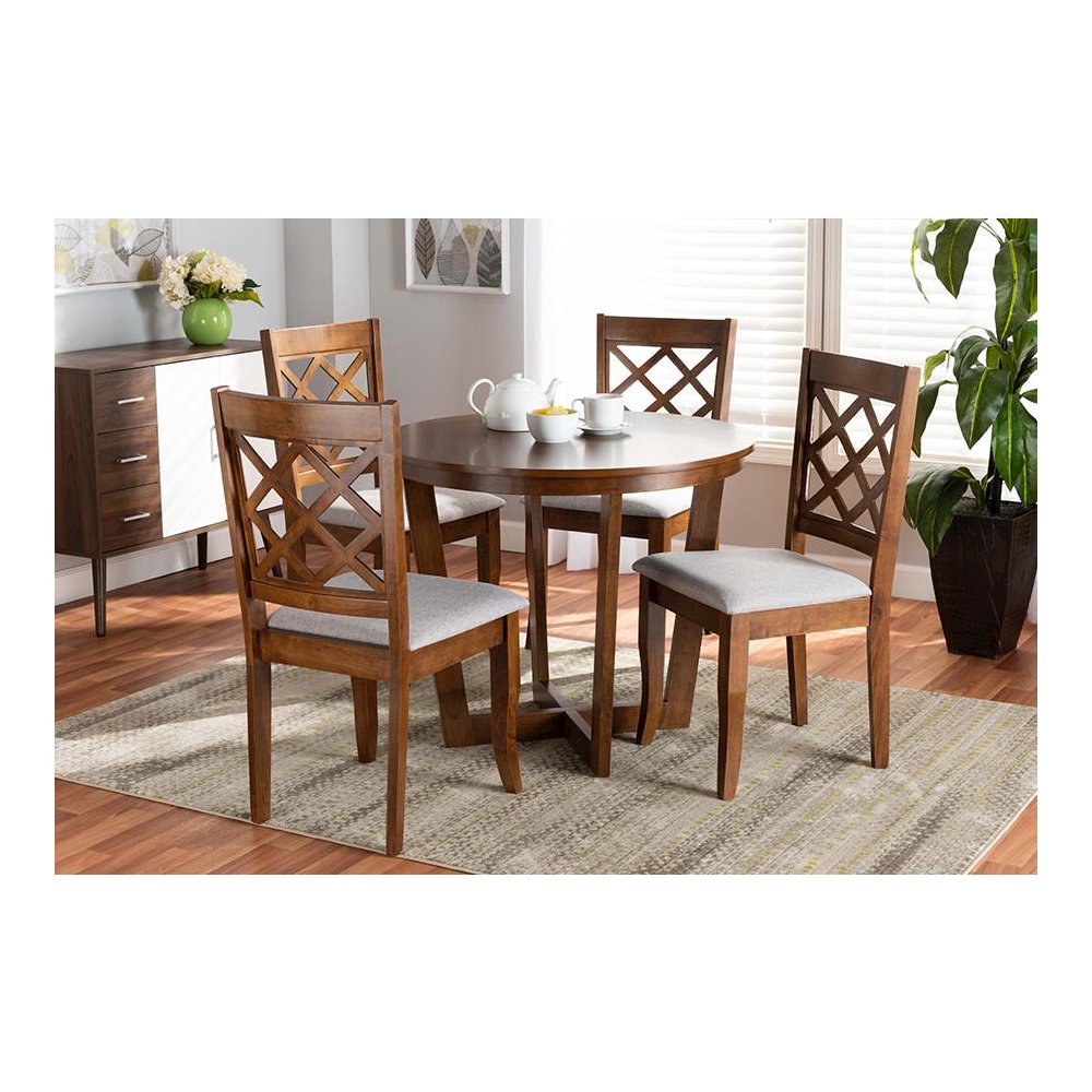 Grey Fabric Upholstered and Walnut Brown Finished Wood 5-Piece Dining Set. Picture 7