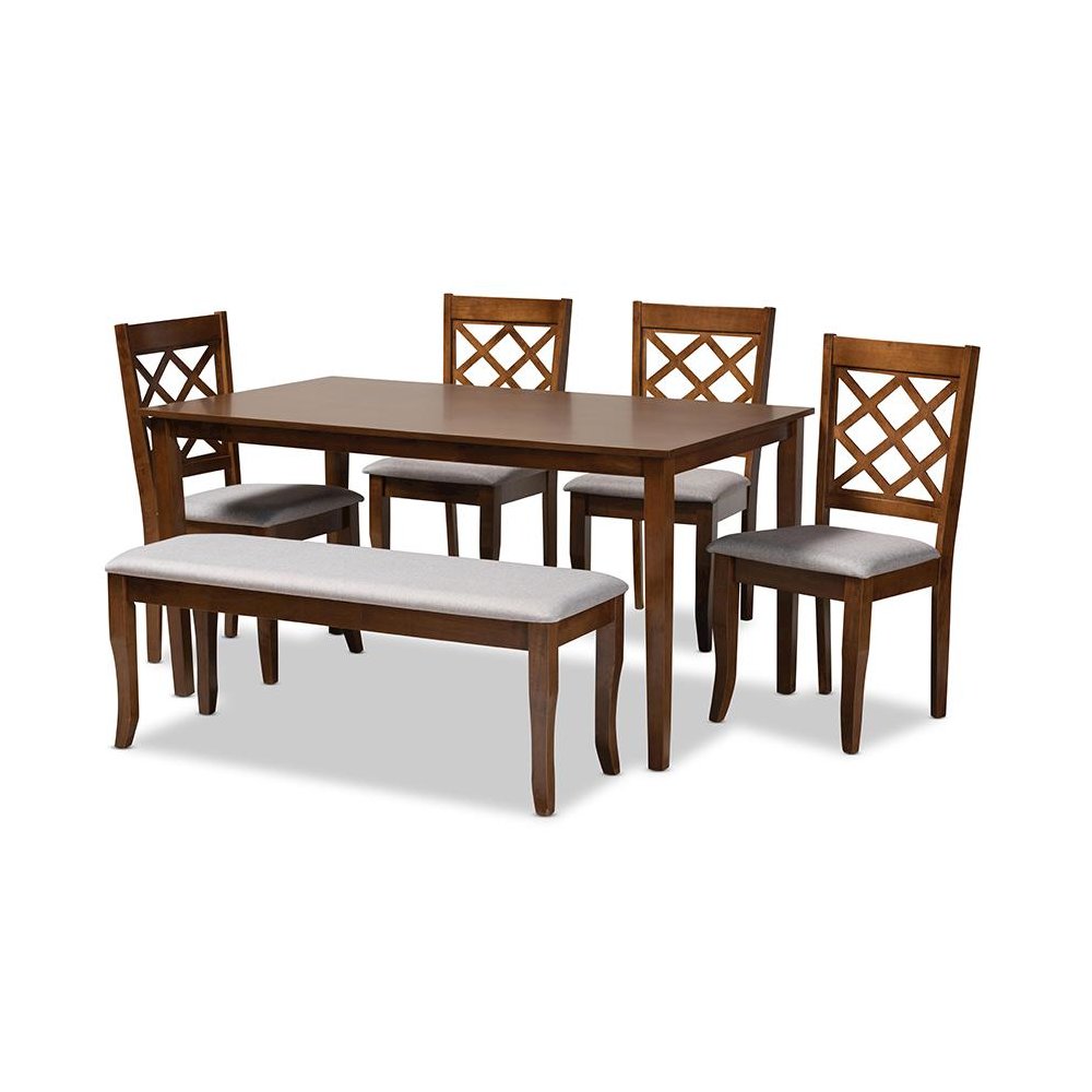 Grey Fabric Upholstered and Walnut Brown Finished Wood 6-Piece Dining Set. Picture 1