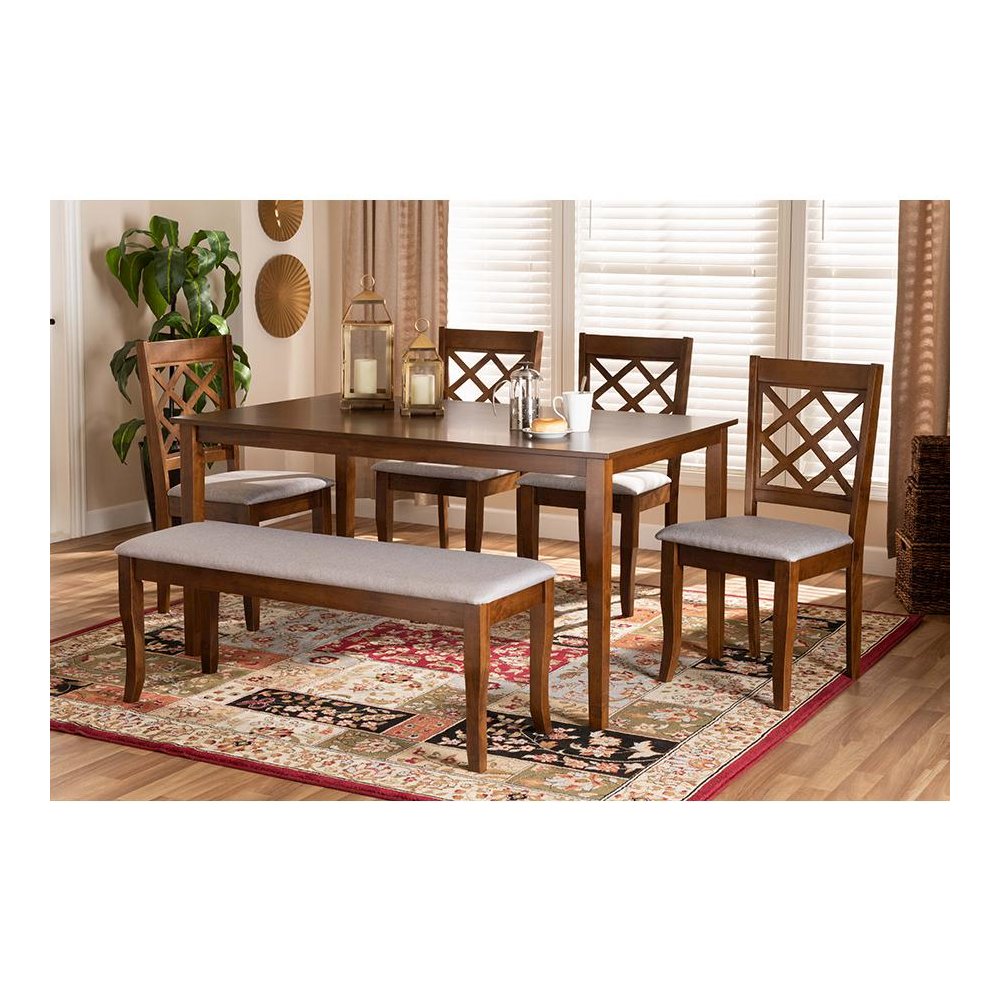 Grey Fabric Upholstered and Walnut Brown Finished Wood 6-Piece Dining Set. Picture 7