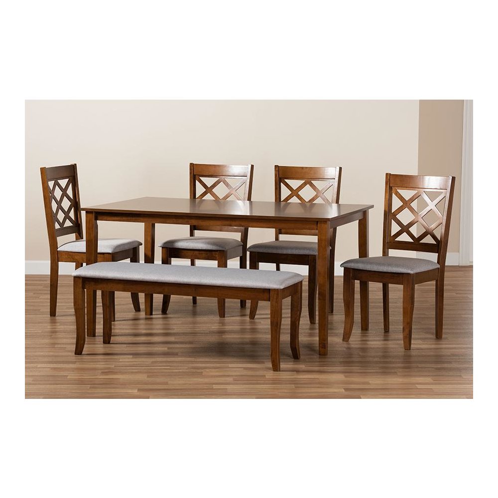 Grey Fabric Upholstered and Walnut Brown Finished Wood 6-Piece Dining Set. Picture 8