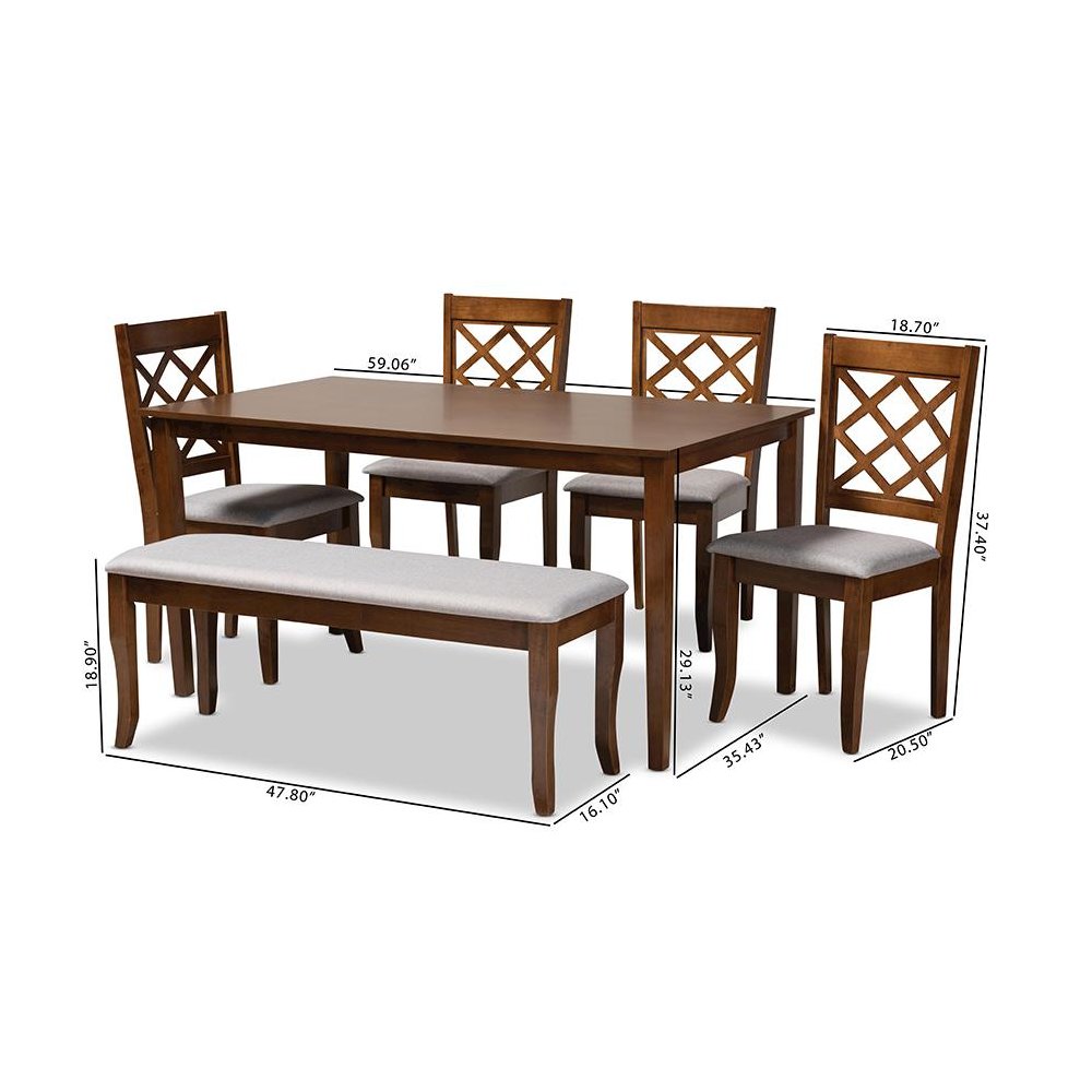 Grey Fabric Upholstered and Walnut Brown Finished Wood 6-Piece Dining Set. Picture 9