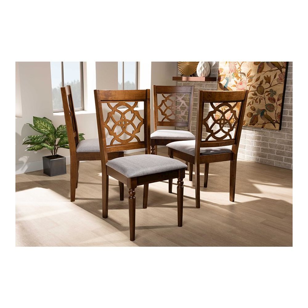 Grey Fabric Upholstered and Walnut Brown Finished Wood 4-Piece Dining Chair Set. Picture 5