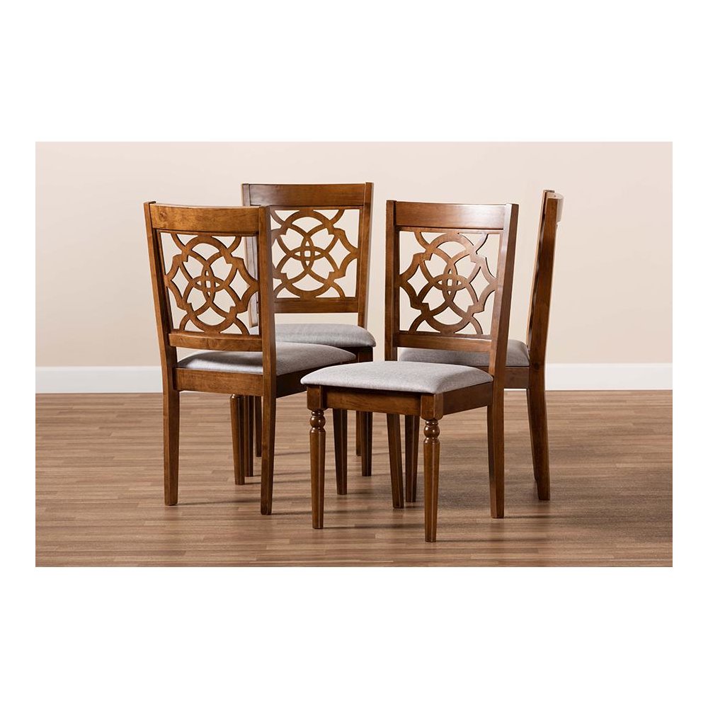 Grey Fabric Upholstered and Walnut Brown Finished Wood 4-Piece Dining Chair Set. Picture 6