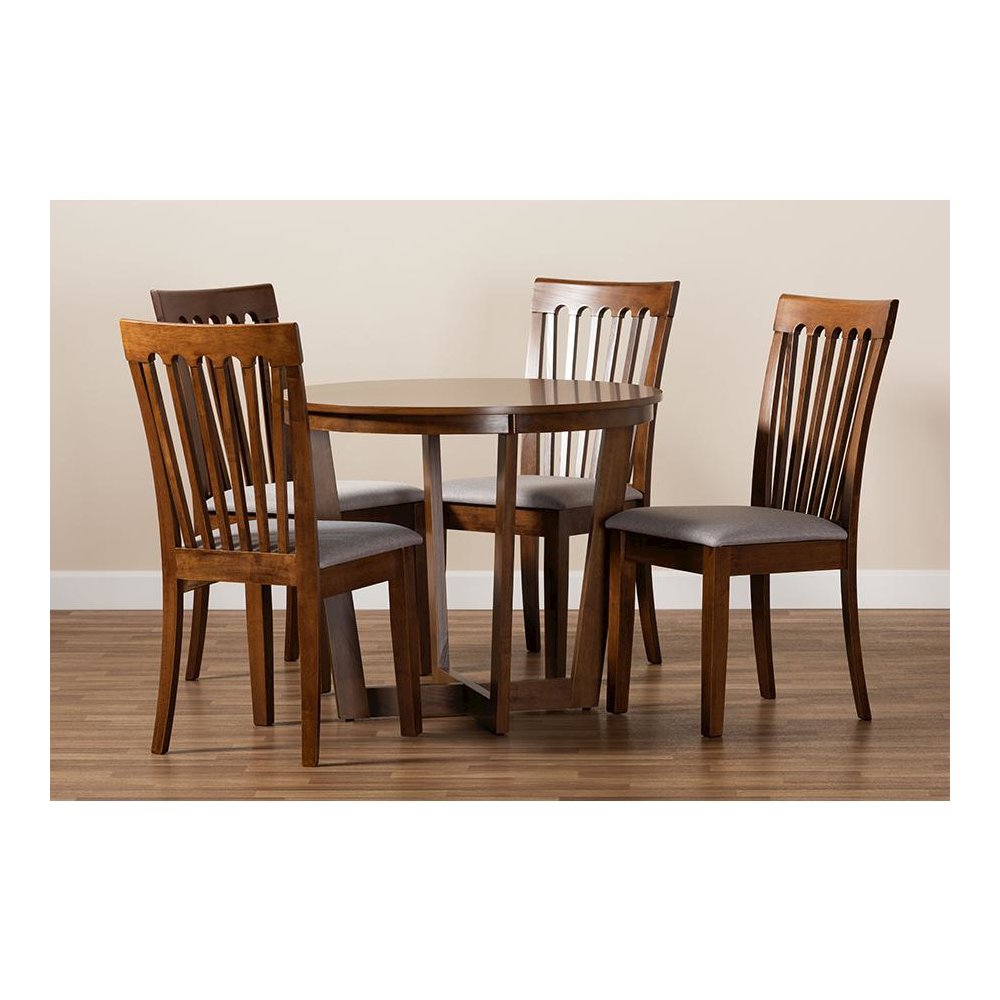 Grey Fabric Upholstered and Walnut Brown Finished Wood 5-Piece Dining Set. Picture 8