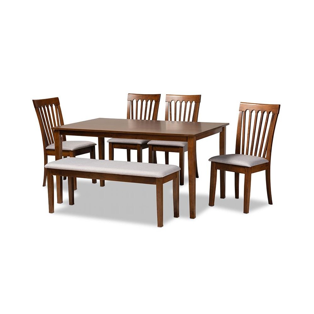 Grey Fabric Upholstered and Walnut Brown Finished Wood 6-Piece Dining Set. Picture 1
