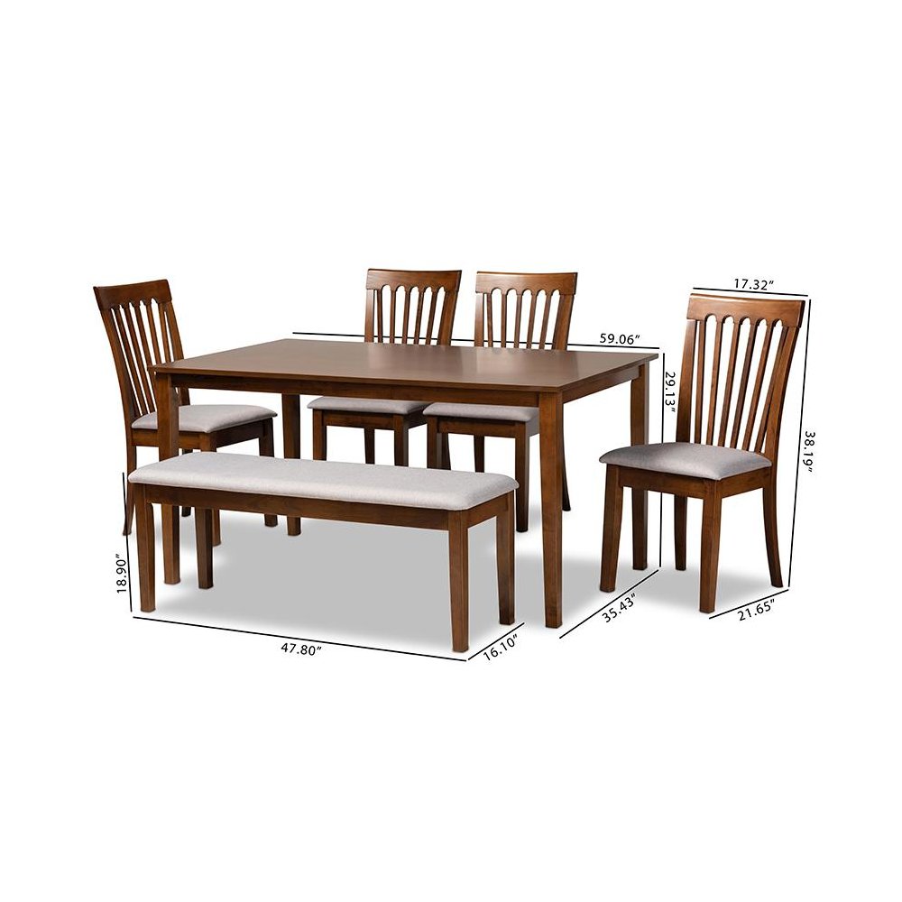 Grey Fabric Upholstered and Walnut Brown Finished Wood 6-Piece Dining Set. Picture 10