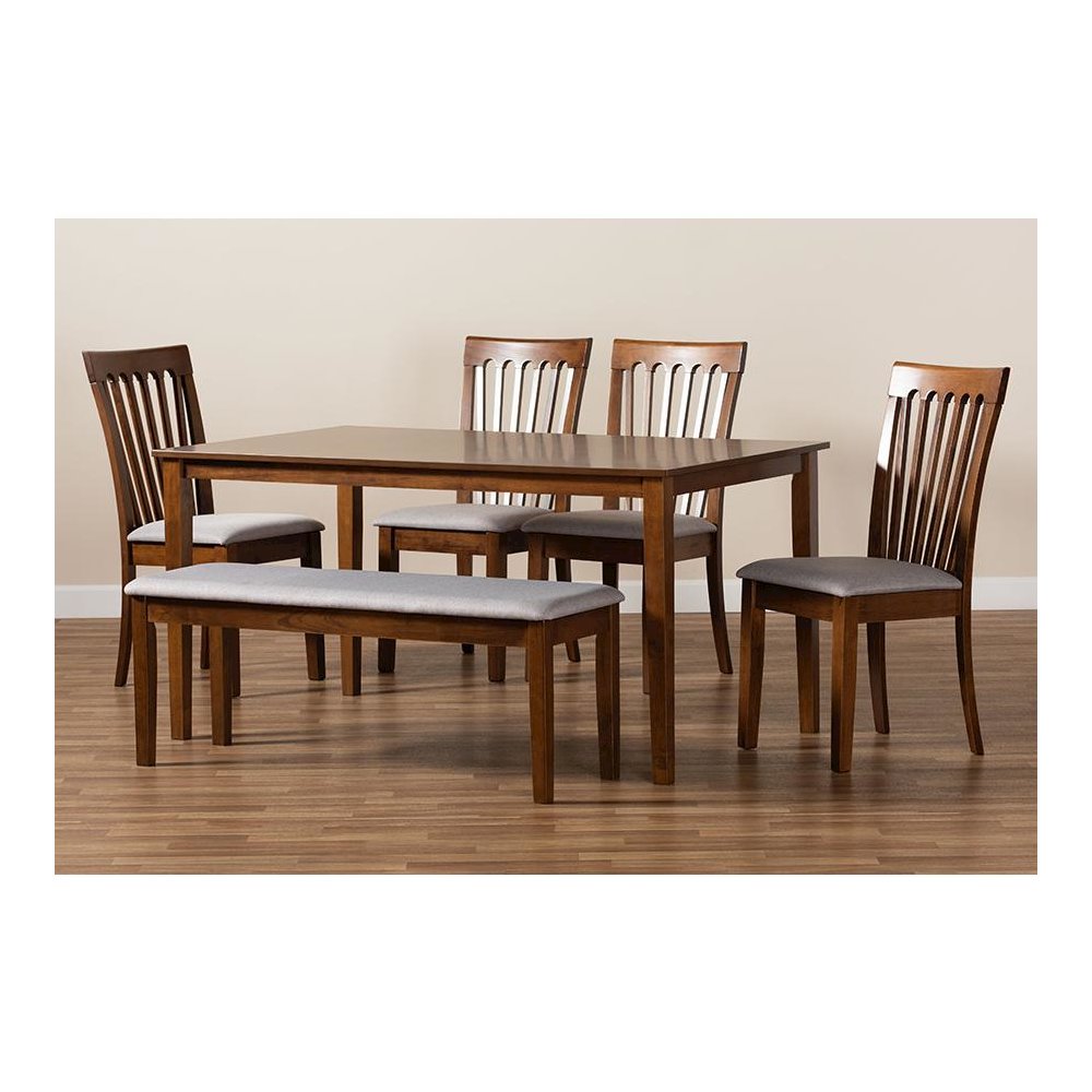 Grey Fabric Upholstered and Walnut Brown Finished Wood 6-Piece Dining Set. Picture 9