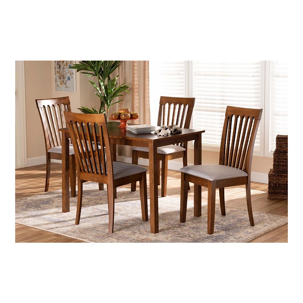Grey Fabric Upholstered and Walnut Brown Finished Wood 5-Piece Dining Set. Picture 7