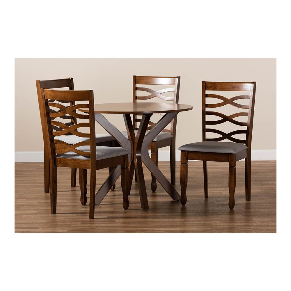 Grey Fabric Upholstered and Walnut Brown Finished Wood 5-Piece Dining Set. Picture 8