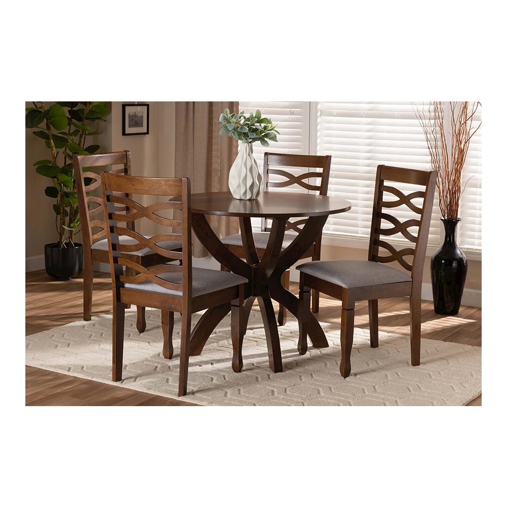 Grey Fabric Upholstered and Walnut Brown Finished Wood 5-Piece Dining Set. Picture 7