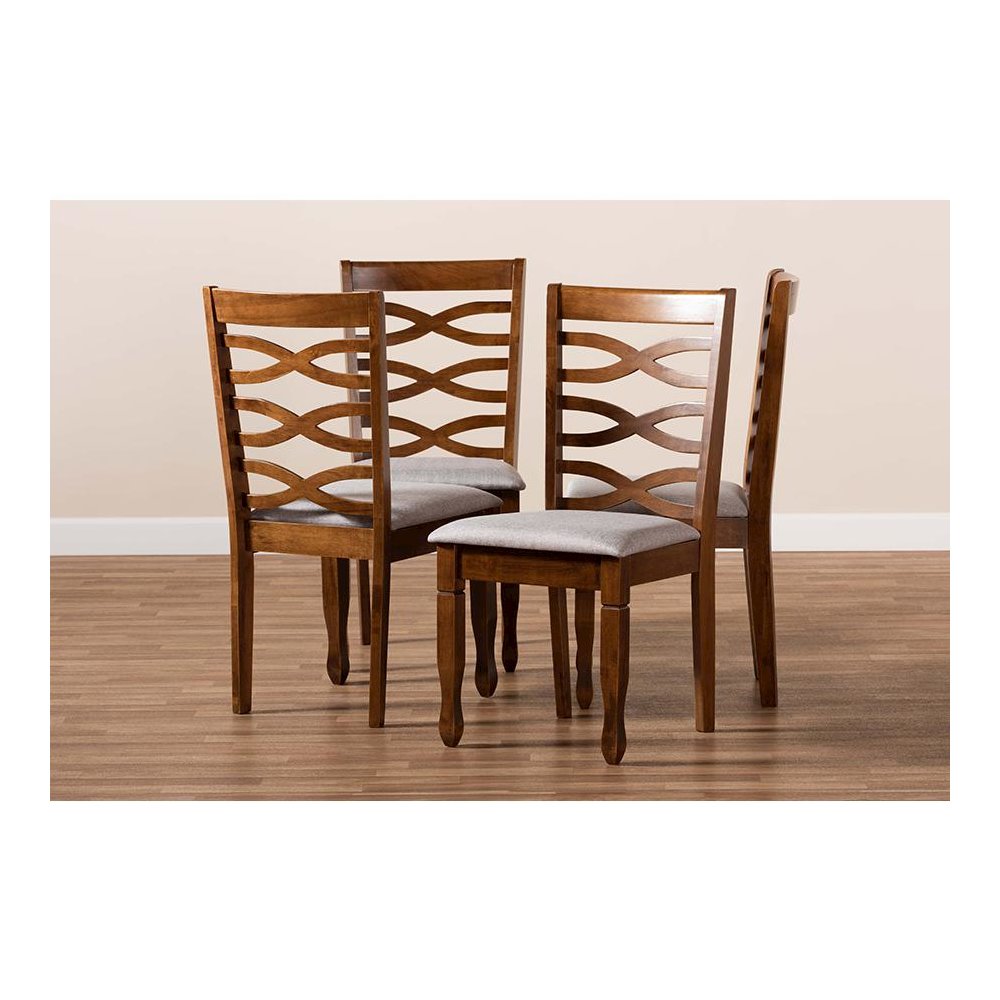 Grey Fabric Upholstered and Walnut Brown Finished Wood 4-Piece Dining Chair Set. Picture 6