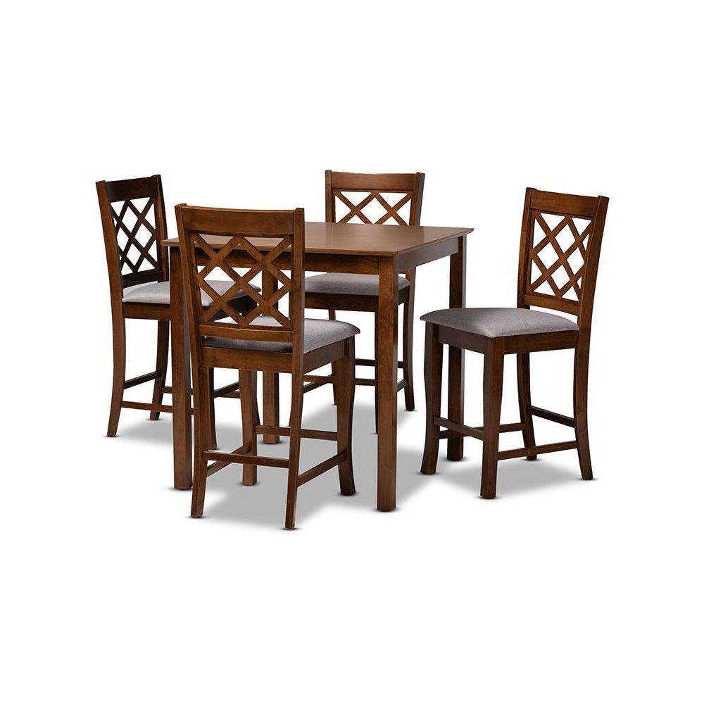 Grey Fabric Upholstered Walnut Brown Finished 5-Piece Wood Pub Set. Picture 1
