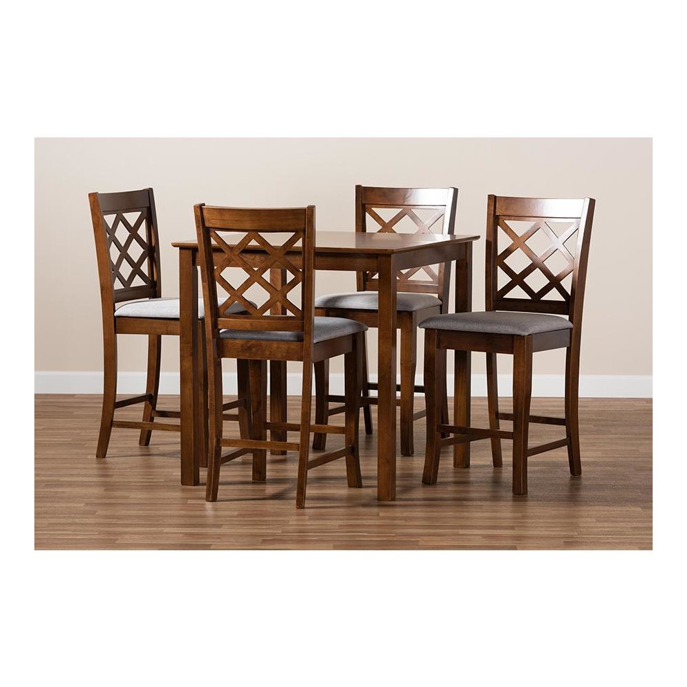 Grey Fabric Upholstered Walnut Brown Finished 5-Piece Wood Pub Set. Picture 7