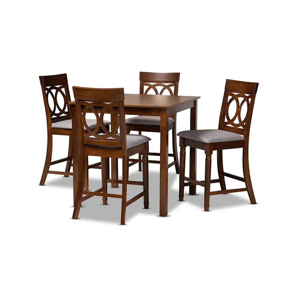 Grey Fabric Upholstered Walnut Brown Finished 5-Piece Wood Pub Set. Picture 1