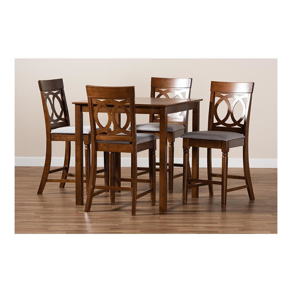 Grey Fabric Upholstered Walnut Brown Finished 5-Piece Wood Pub Set. Picture 8