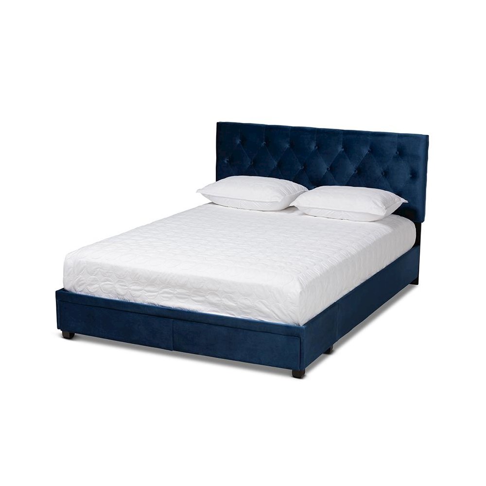 Navy Blue Velvet Fabric Upholstered 2-Drawer Queen Size Platform Storage Bed. Picture 1