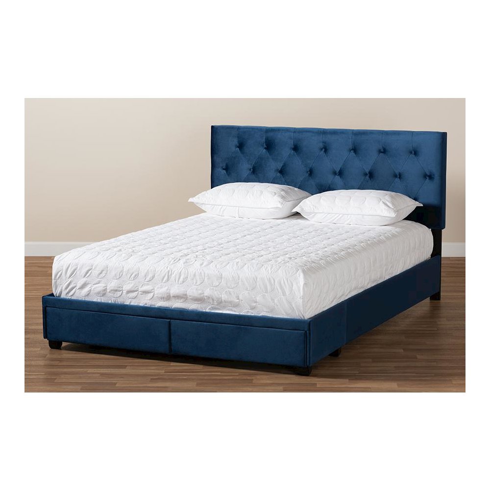 Navy Blue Velvet Fabric Upholstered 2-Drawer Queen Size Platform Storage Bed. Picture 10