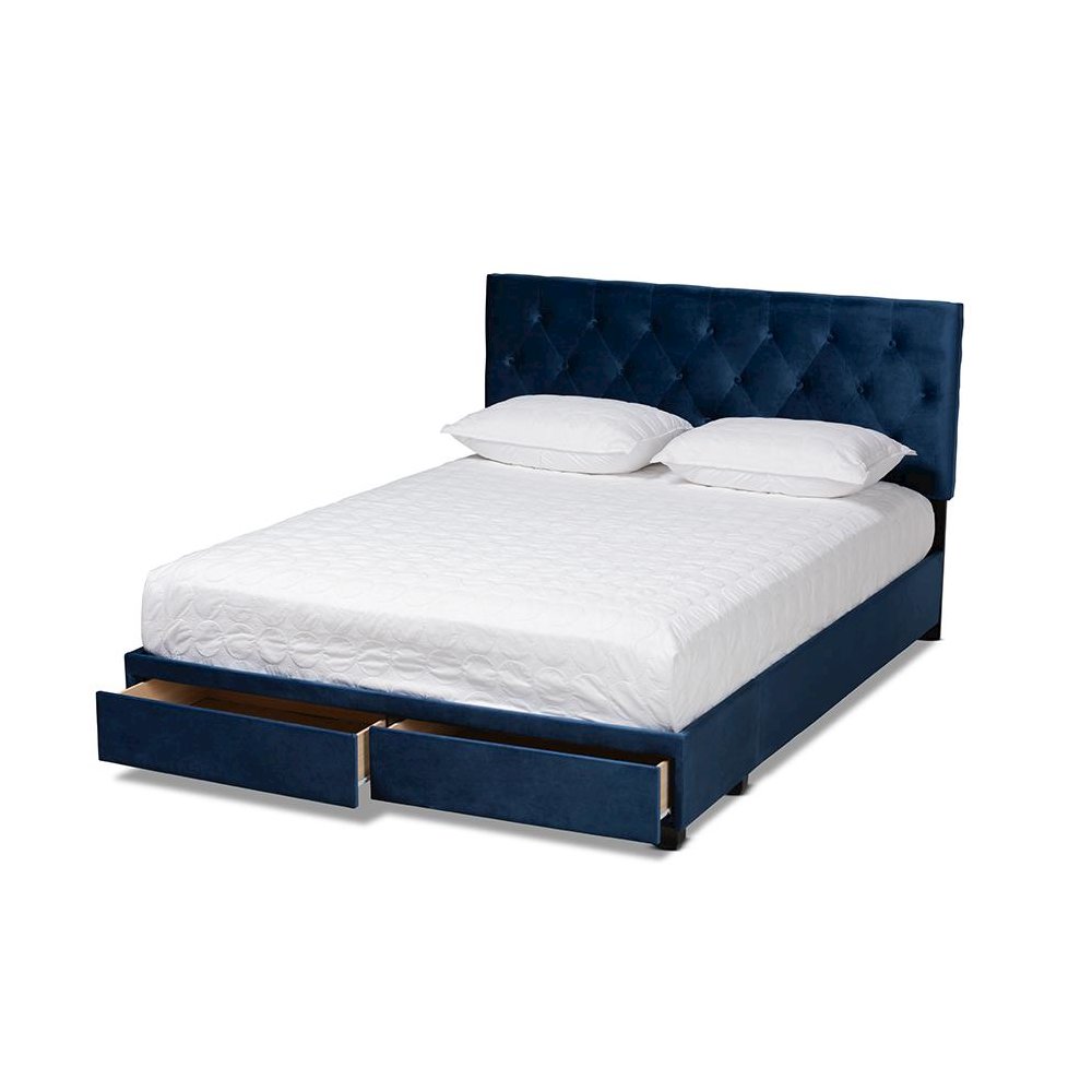 Navy Blue Velvet Fabric Upholstered 2-Drawer Queen Size Platform Storage Bed. Picture 2