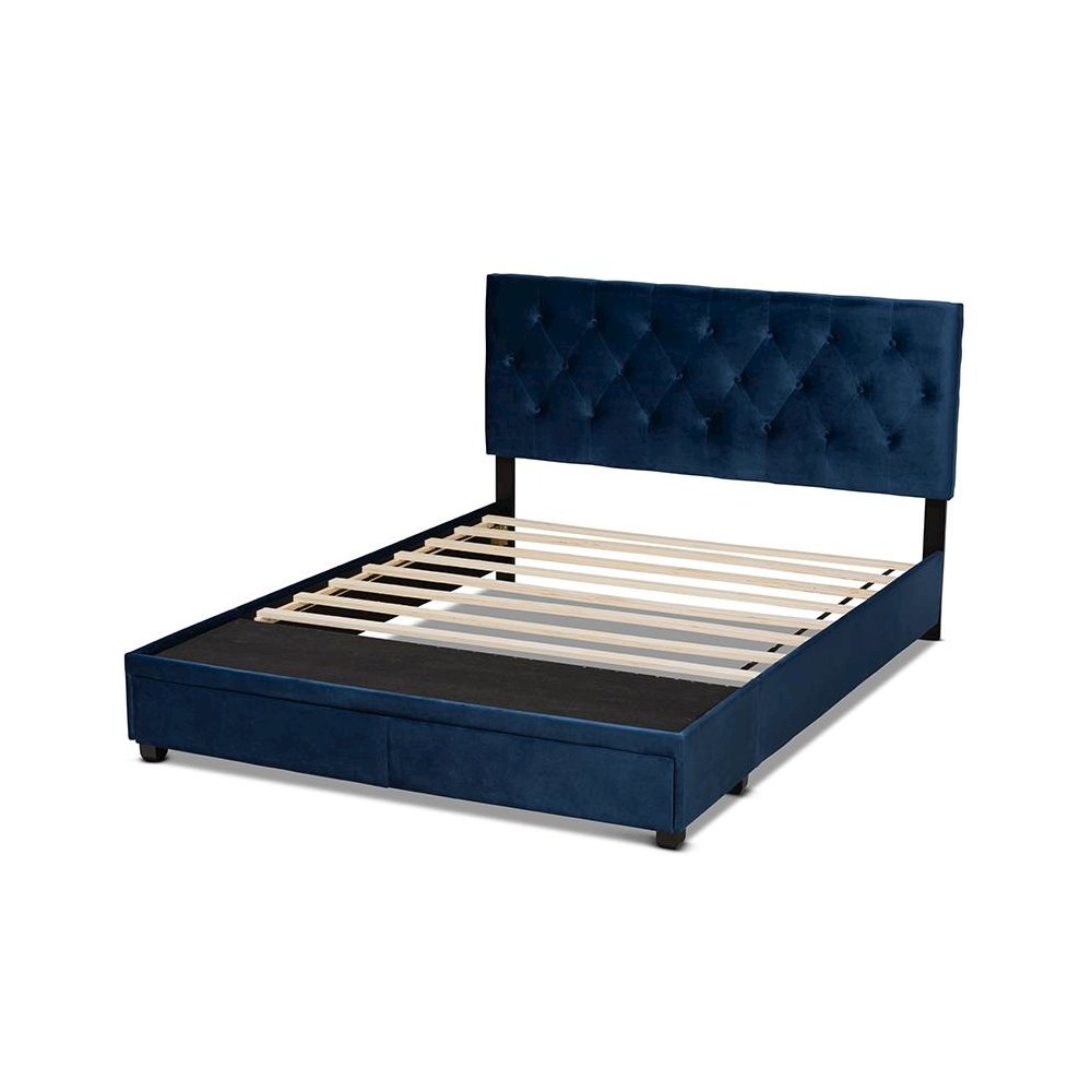 Navy Blue Velvet Fabric Upholstered 2-Drawer Queen Size Platform Storage Bed. Picture 4