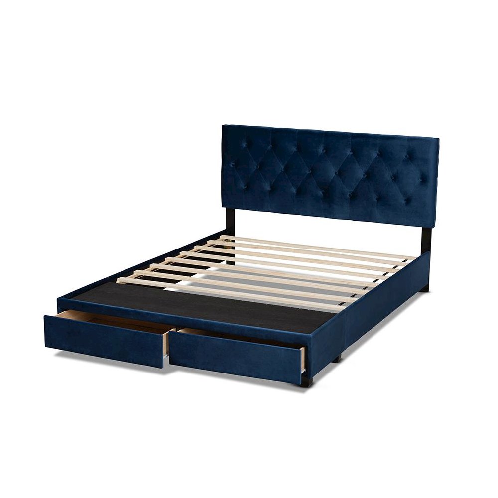 Navy Blue Velvet Fabric Upholstered 2-Drawer Queen Size Platform Storage Bed. Picture 5