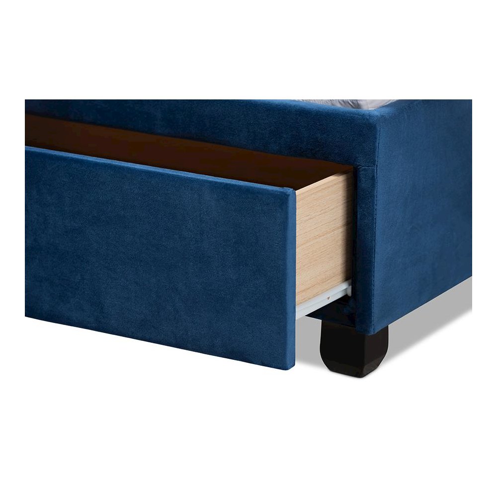 Navy Blue Velvet Fabric Upholstered 2-Drawer Queen Size Platform Storage Bed. Picture 7